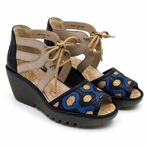 FLY London YEJI Women 37 Leather Wedge Sandals Blue Tan Lace Up NWOB